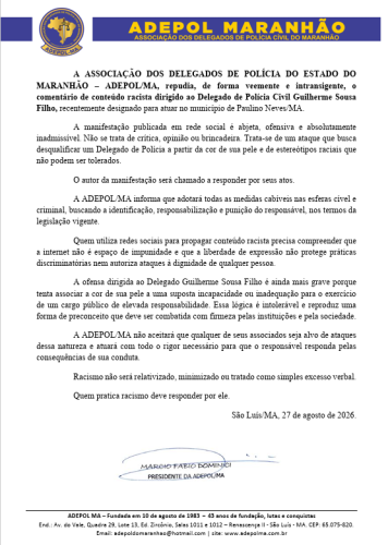 Nota de apoio ao Delegado Dr. Guilherme Souza Filho