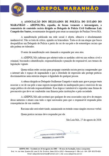 Nota de apoio ao Delegado Dr. Guilherme Campelo